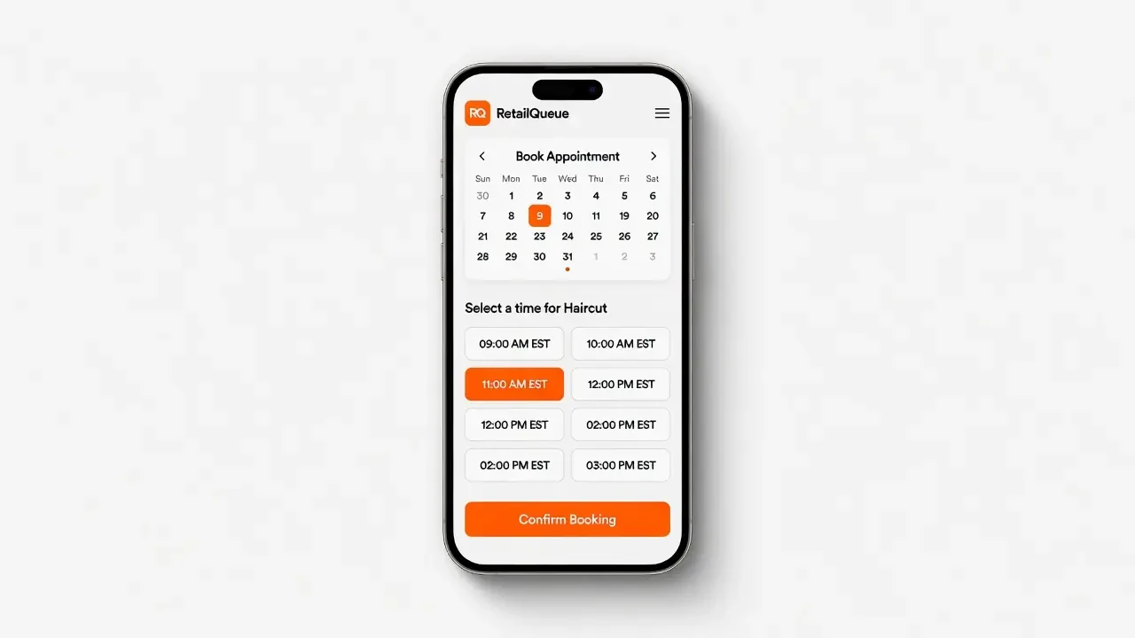 Customer booking a haircut appointment on their phone, showing available time slots in the salon's local time zone