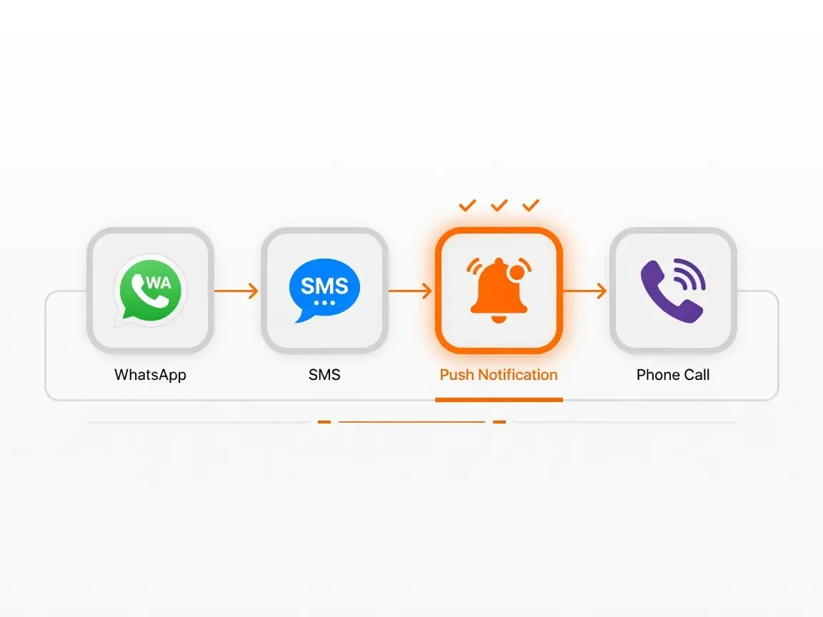 Flow diagram showing a notification attempt moving from WhatsApp to SMS to push to an automated voice call