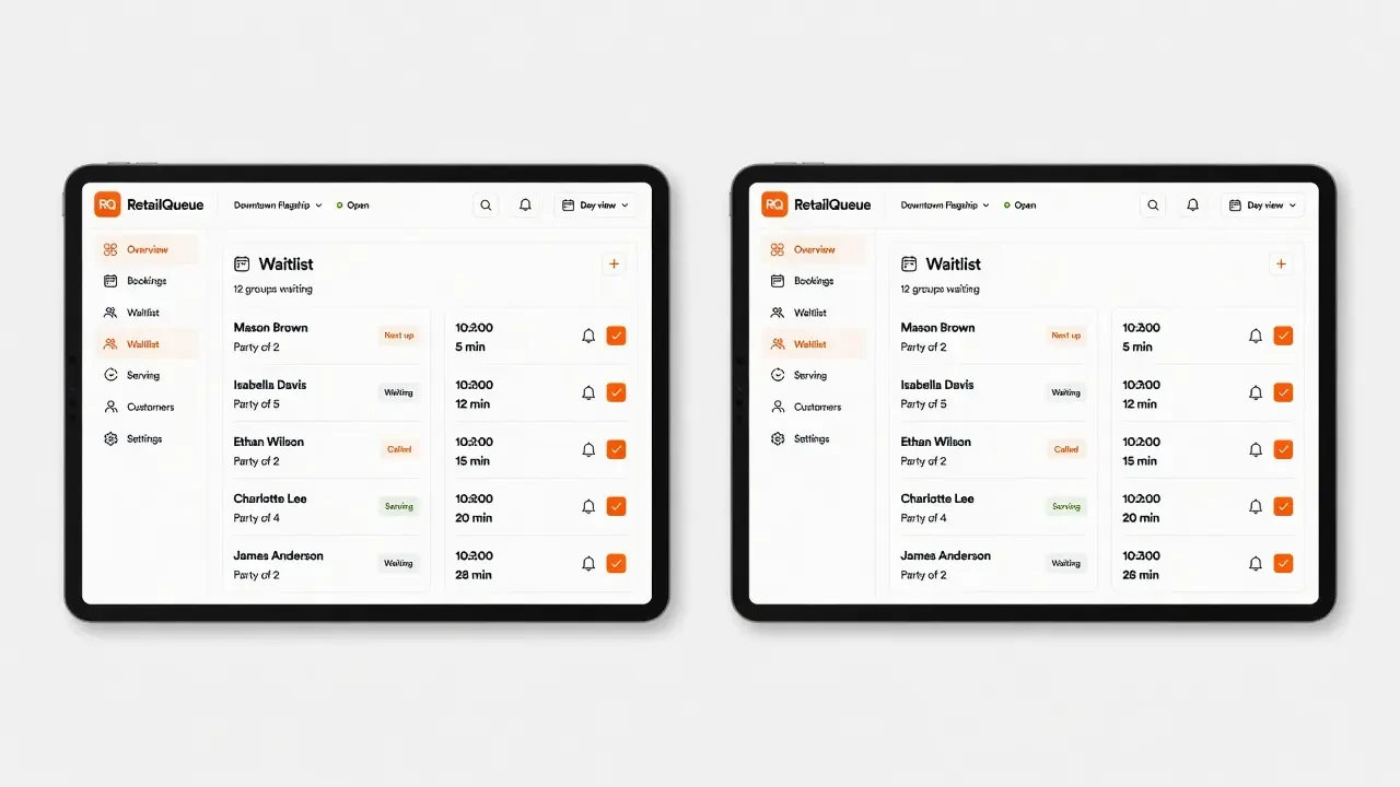 Two staff tablets showing the identical live waitlist updating at the same moment