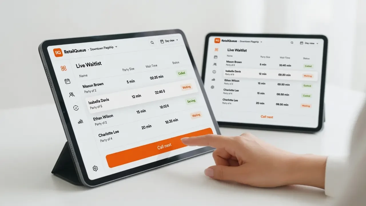 Staff member calling the next customer from a live waitlist on a tablet, with the same queue updating instantly on a second device