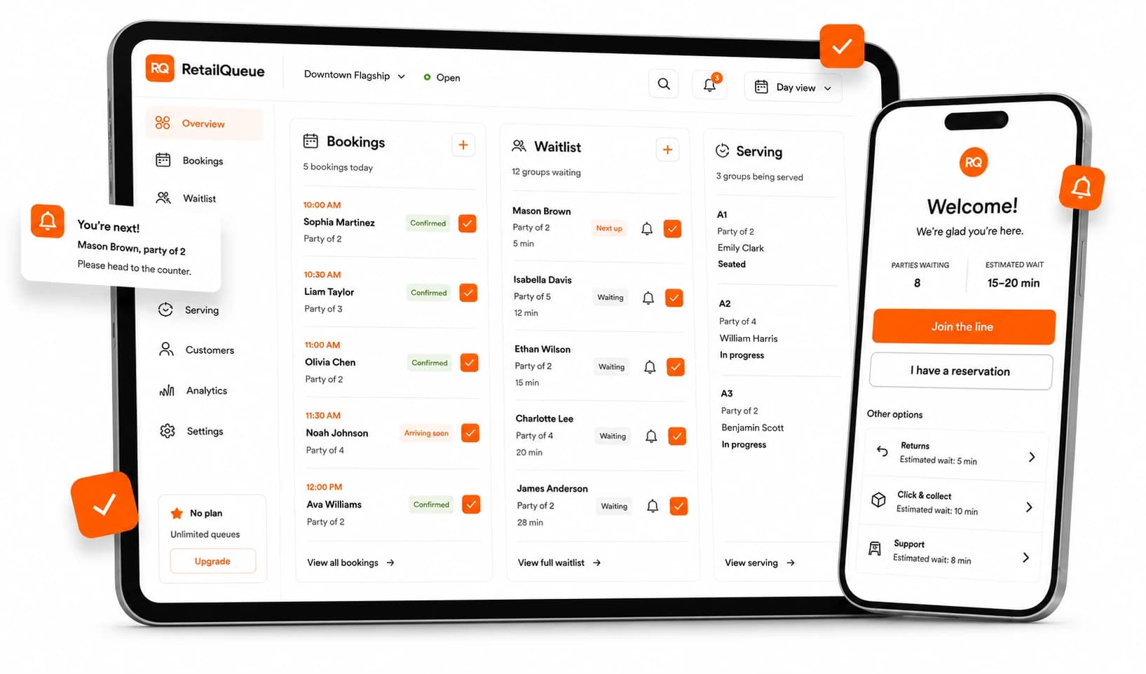 Queue Join dashboard shown on a tablet, next to the customer join-waitlist screen on a phone