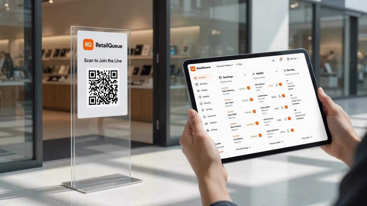 Queue Join QR code sign at a shop entrance next to a staff member's tablet showing the live dashboard it feeds