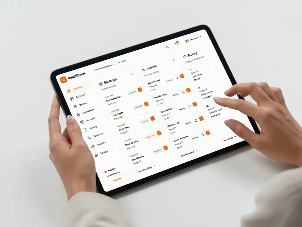 Staff member managing the live waitlist and today's bookings from a tablet dashboard