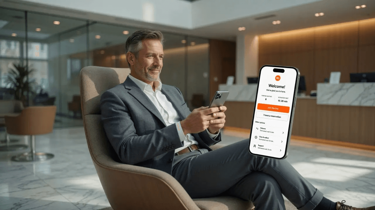 Customer seated comfortably in a bank branch checking their live queue position on a phone