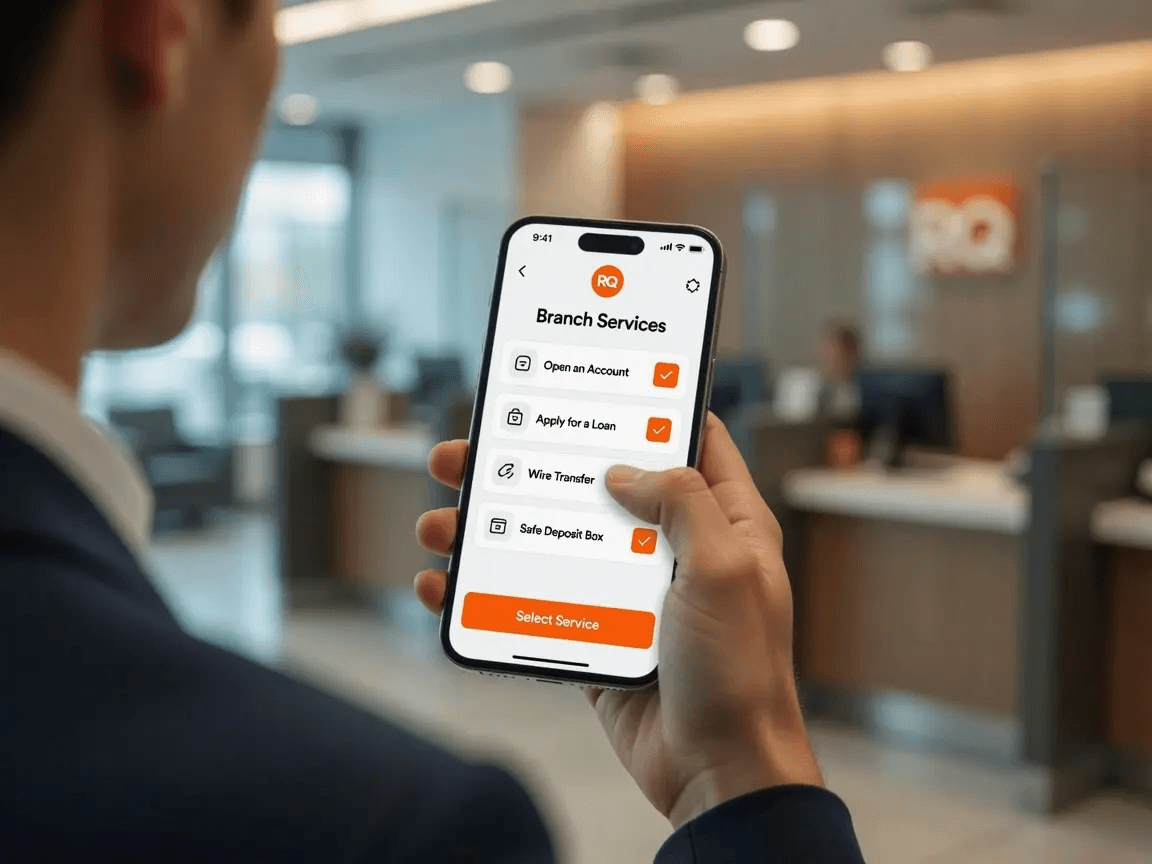 Customer selecting a banking service from a list on a phone inside a branch