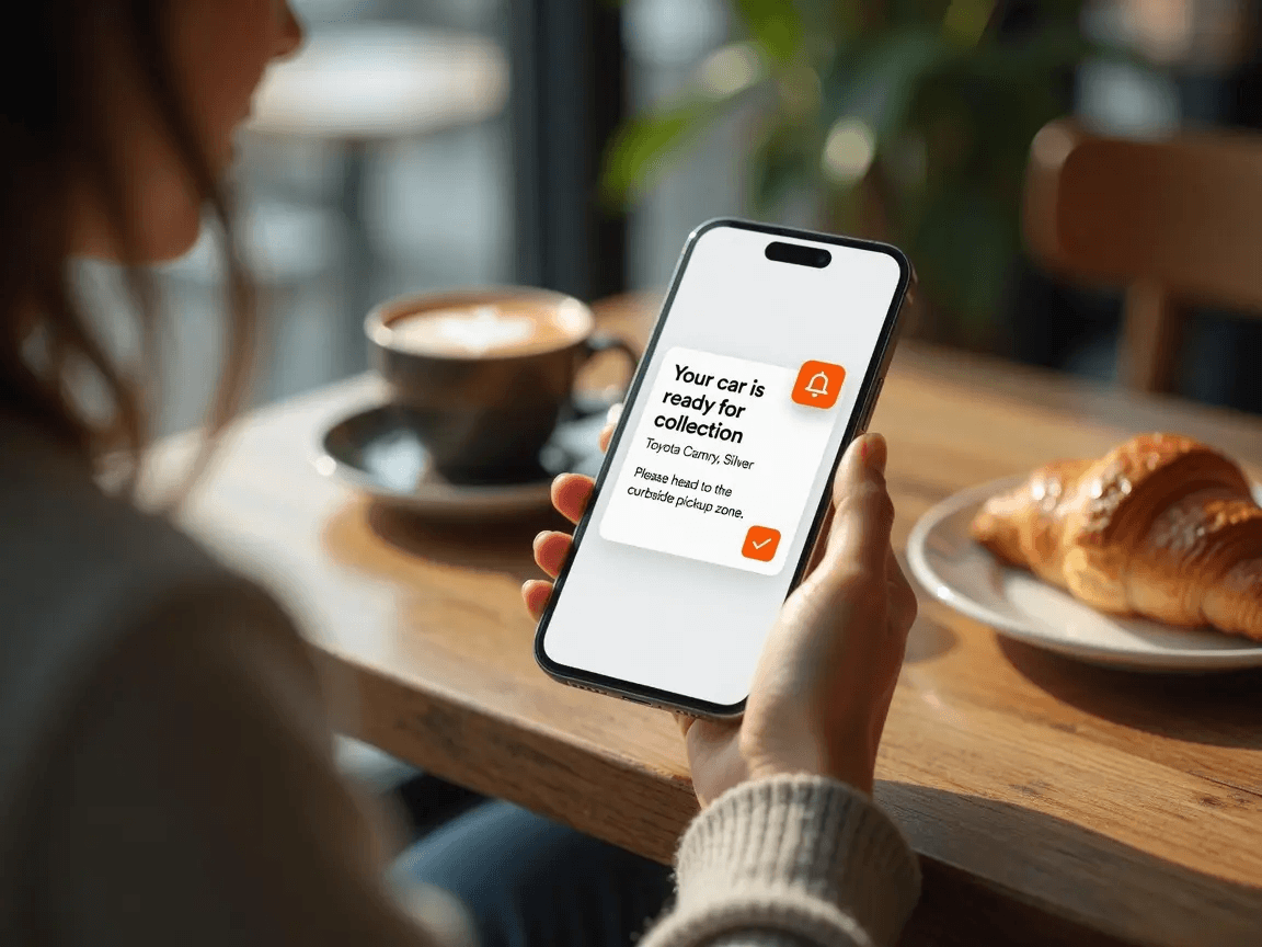 Customer at a café receiving a “your car is ready for collection” message on a phone