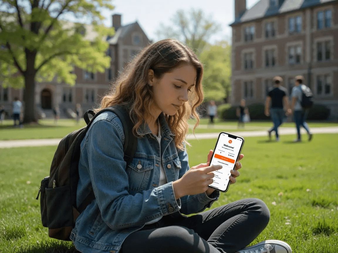 Student on a campus lawn joining a service desk waitlist from their phone
