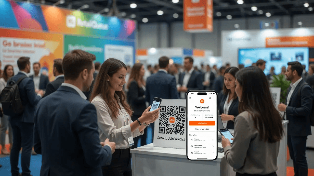 Attendees at a busy exhibition stand scanning a QR code to join a waitlist