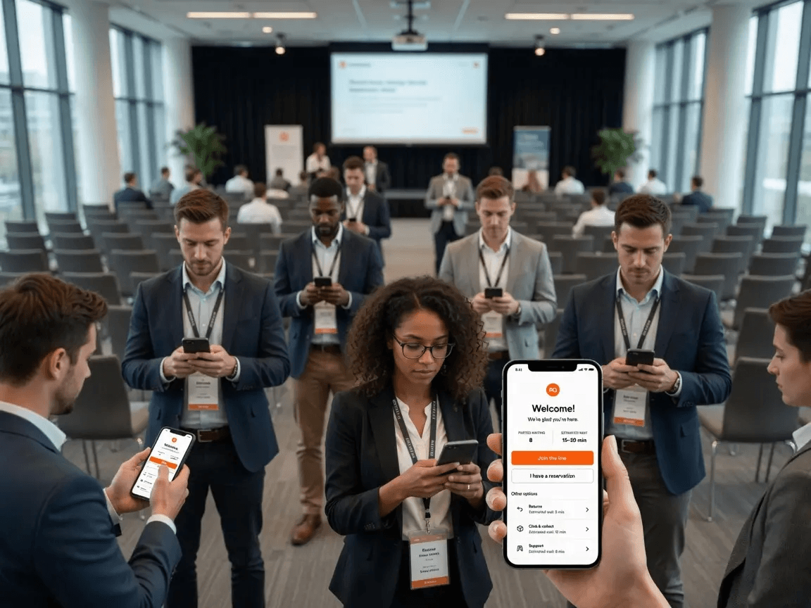 Crowd of attendees joining a demo waitlist from their phones as a conference session ends