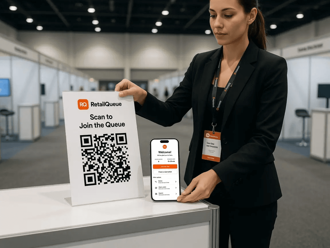 Event organiser placing a printed QR code sign on an exhibition stand before doors open