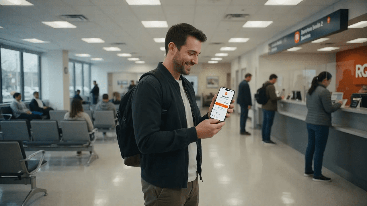 Visitor in a public services office checking their live queue position on a phone instead of standing in a corridor