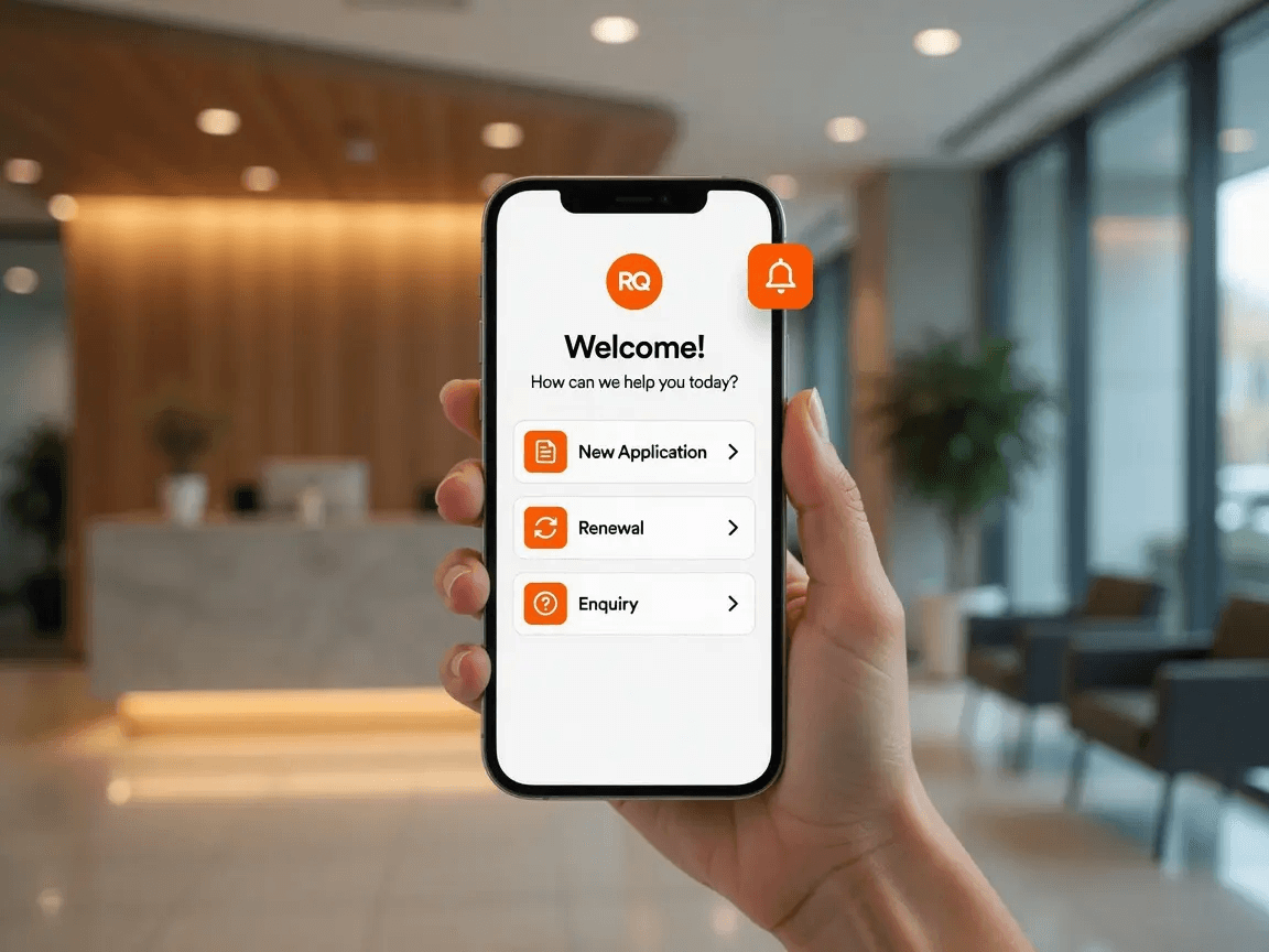 Visitor choosing between application, renewal, and enquiry services on a phone in an office lobby