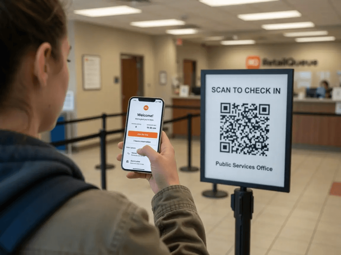 Visitor scanning a QR code check-in sign at the entrance of a public services office