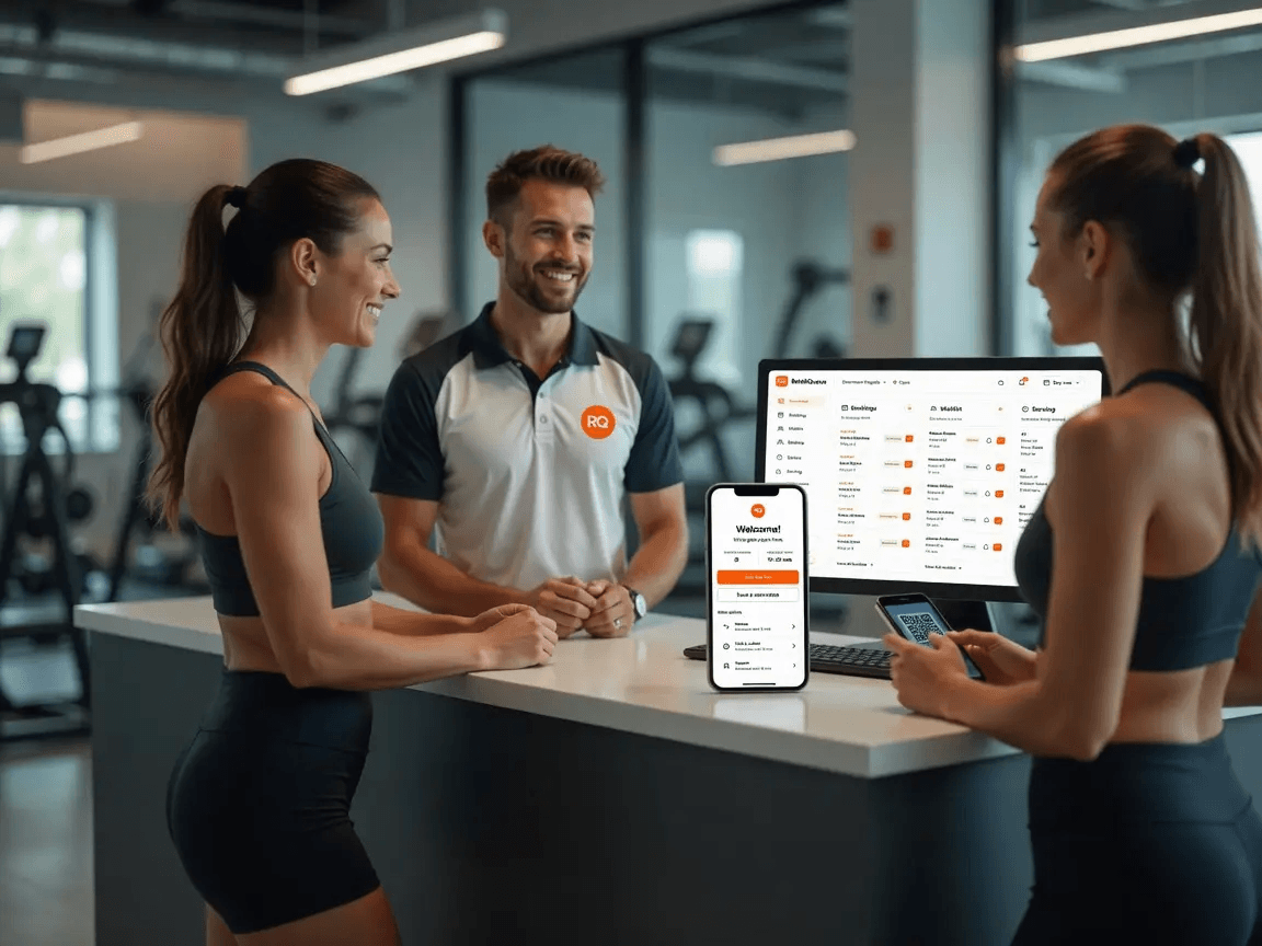 Gym receptionist helping a member while others scan a QR code at the front desk