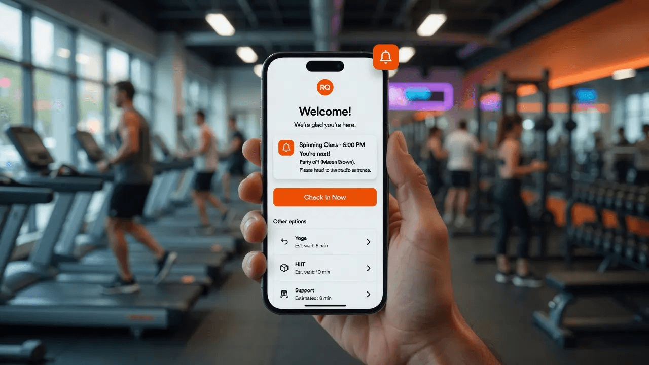 Member checking a class waitlist notification on their phone in a busy gym