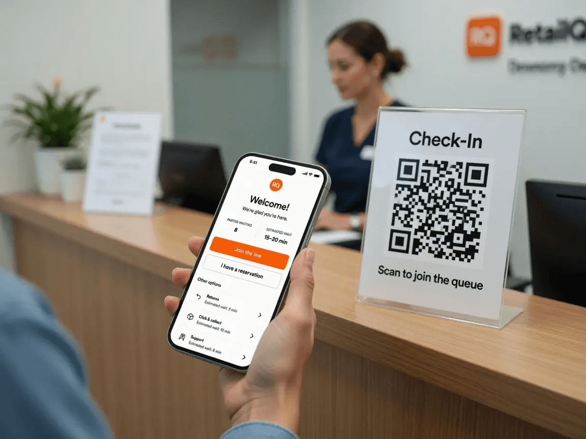 Patient scanning a QR code check-in sign at a clinic reception desk