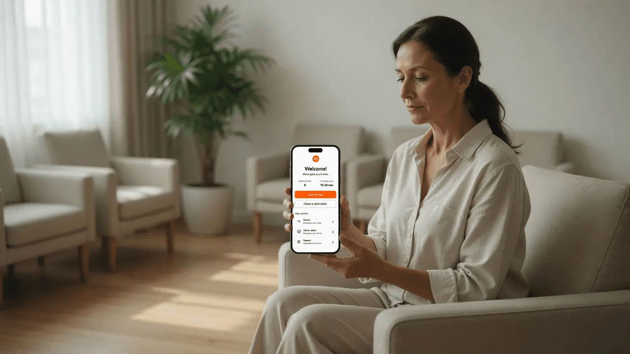 Calm clinic waiting room with a patient checking their queue position on a phone