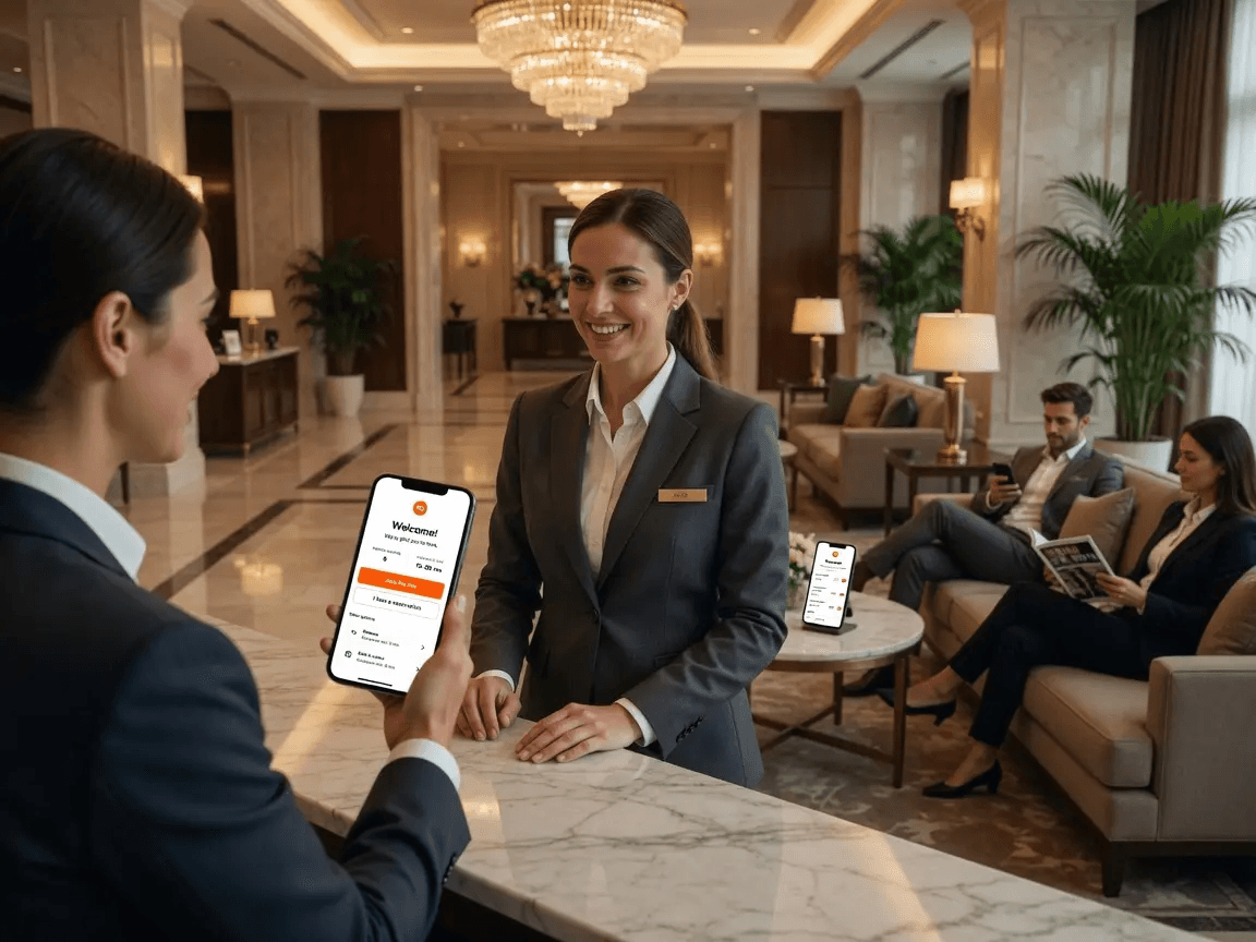 Hotel concierge assisting a guest while others relax nearby with phones showing their place in line