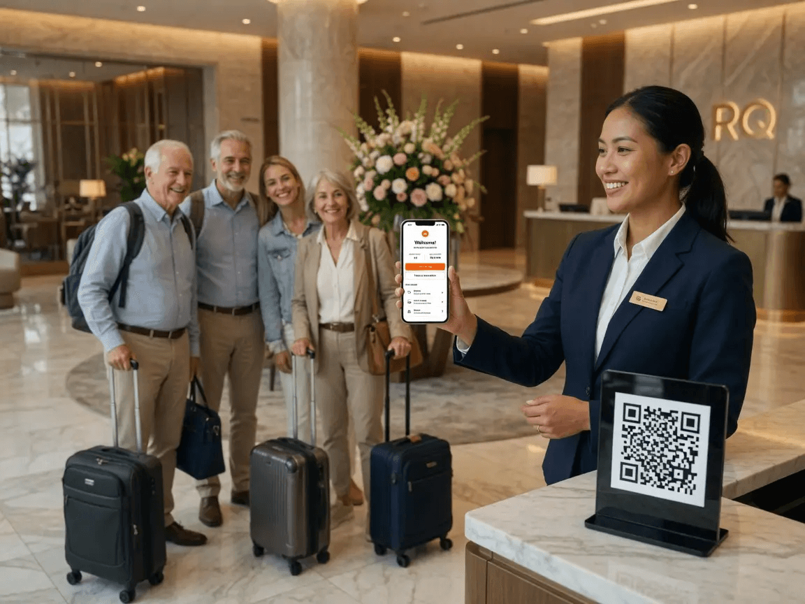 Coach group in a hotel lobby scanning a QR code stand to join the check-in waitlist