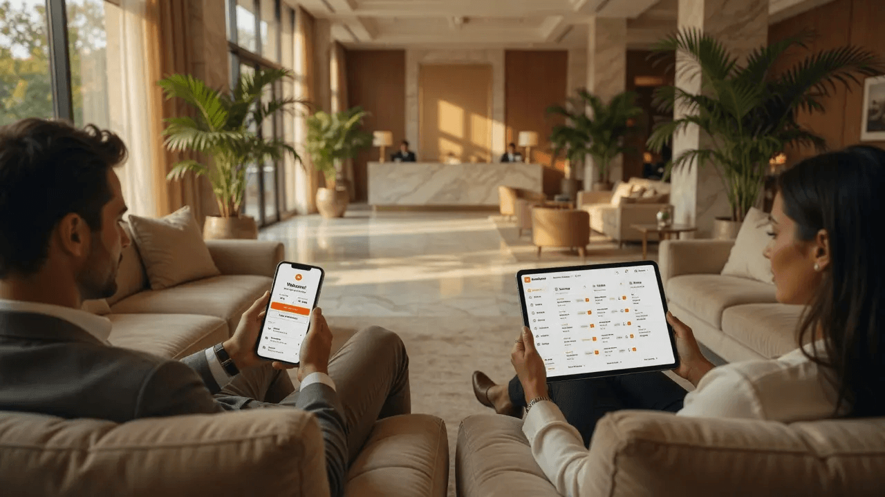 Relaxed hotel lobby with arriving guests seated on sofas checking their check-in position on their phones