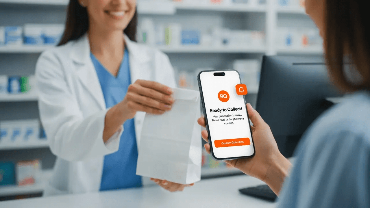 Pharmacist handing over a prescription while a customer's phone shows a “ready to collect” message
