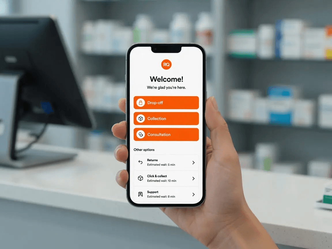 Customer choosing between drop-off, collection, and consultation options on a phone at a pharmacy counter