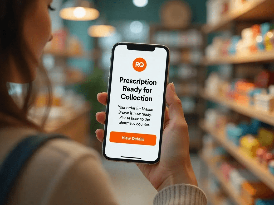 Customer out shopping receiving a “prescription ready for collection” message on a phone