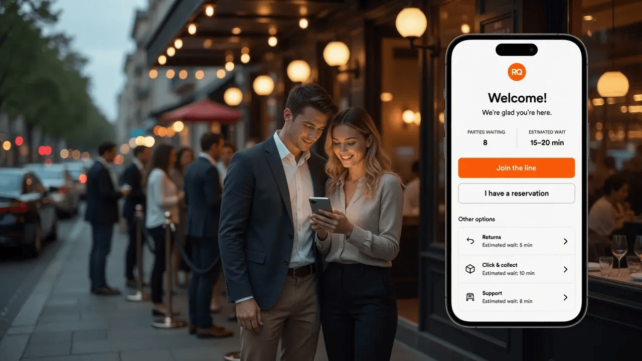Couple checking their live waitlist position on a phone outside a busy restaurant