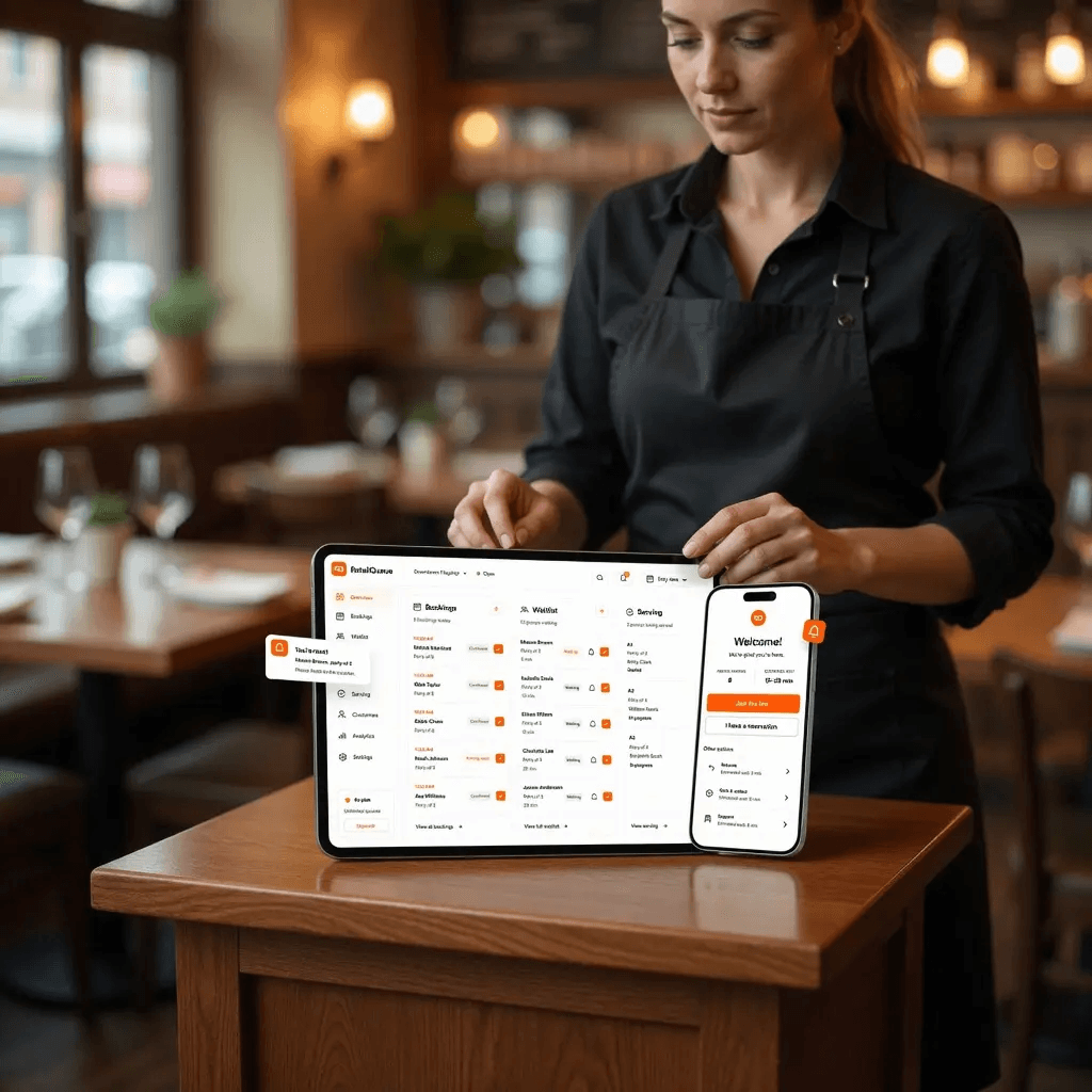 Host managing a live digital waitlist on a tablet at a restaurant host stand