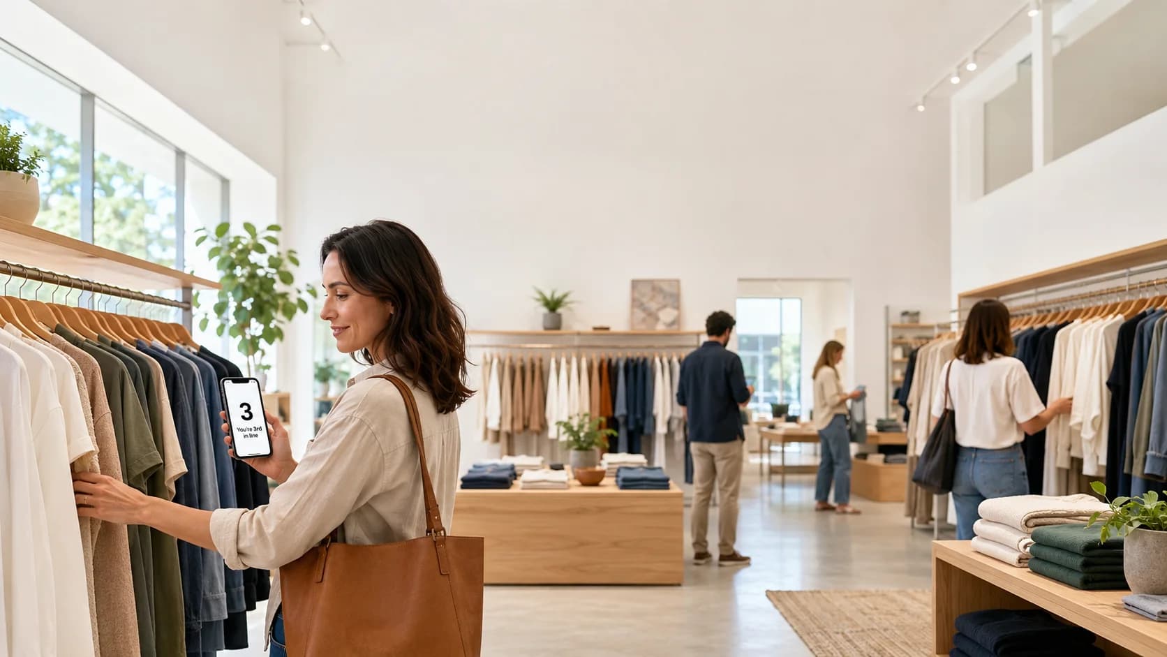 Shopper browsing a clothes rail while her phone shows she's third in line on the waitlist