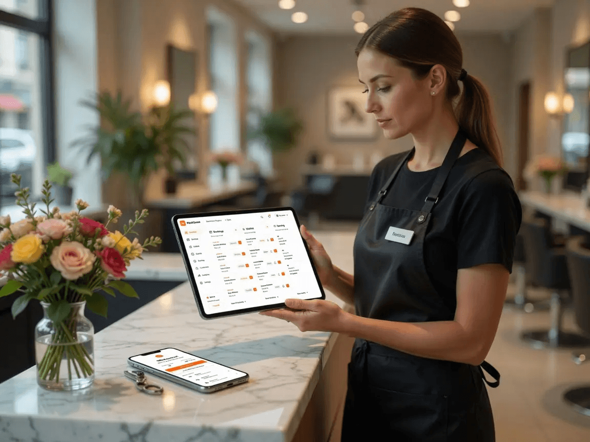 Stylist reviewing the day's booked appointments on a tablet at the salon reception desk