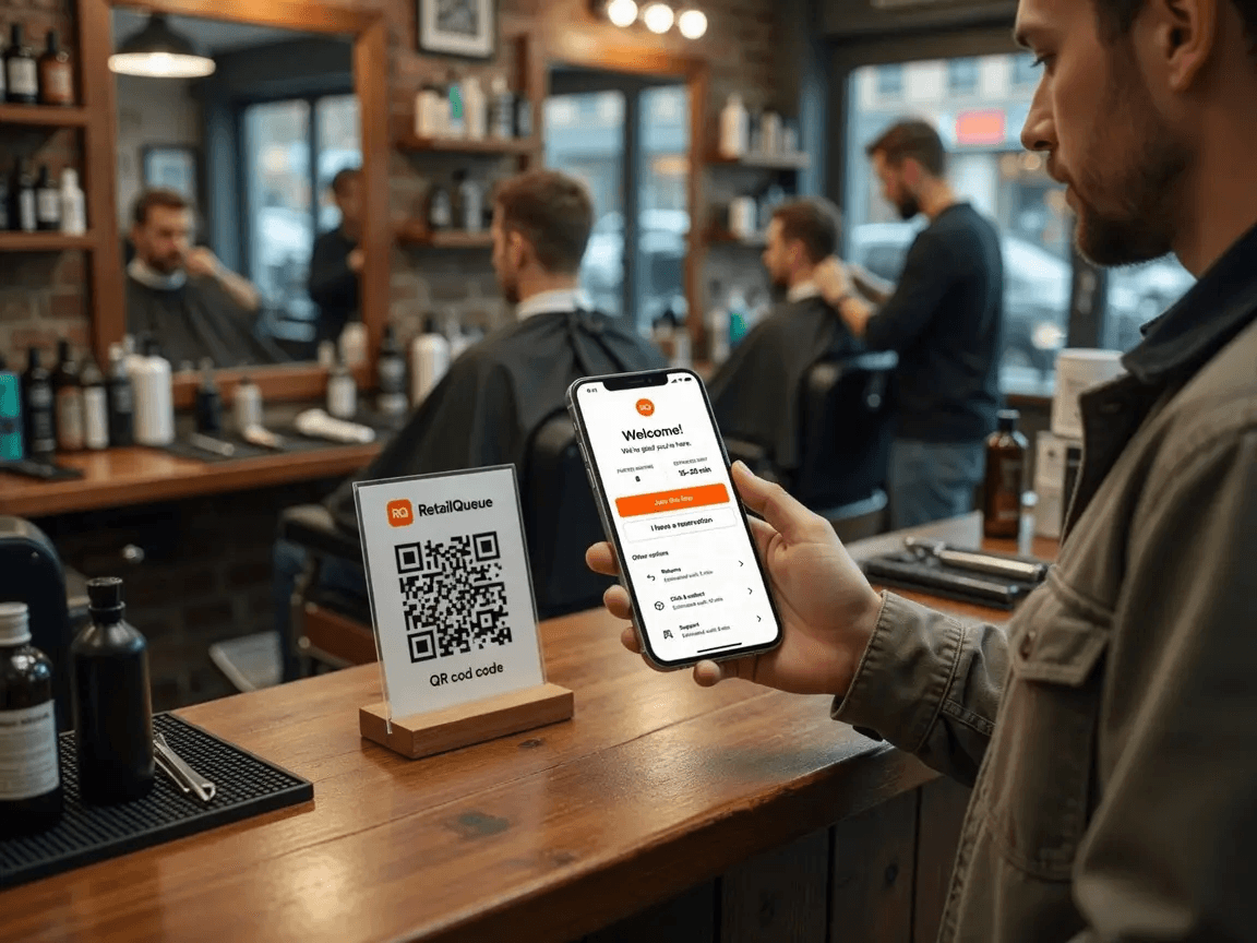 Customer scanning a QR code sign on a barbershop counter while stylists work behind