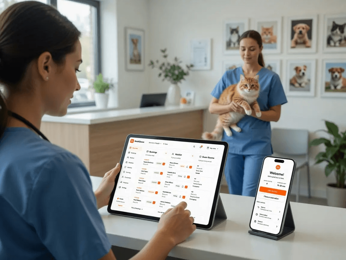 Veterinary receptionist updating a live waitlist on a tablet while a nurse carries a patient through